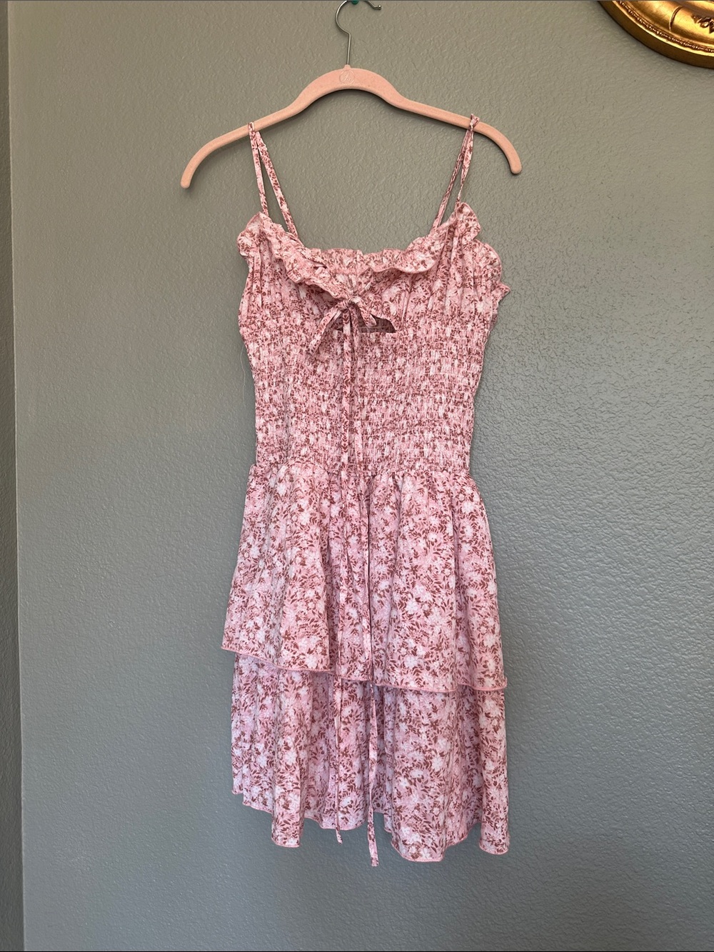 Pink Floral Tiered Sundress with Ruffle Neckline
